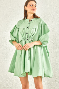 Fıstık Yeşili Önü Düğmeli Kendinden Bağcıklı Mini Elbise