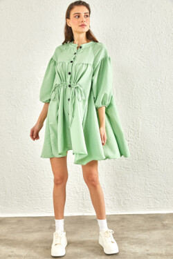 Fıstık Yeşili Önü Düğmeli Kendinden Bağcıklı Mini Elbise