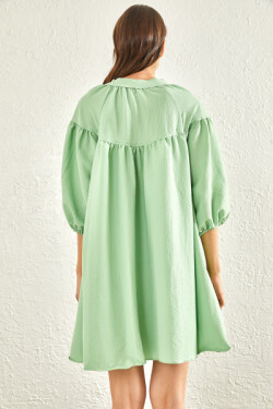 Fıstık Yeşili Önü Düğmeli Kendinden Bağcıklı Mini Elbise