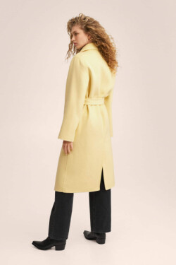 Pastel Sarı Kemerli Yünlü Palto