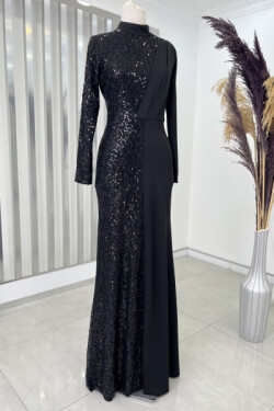 Açelya Pul Payet Siyah Abiye Elbise