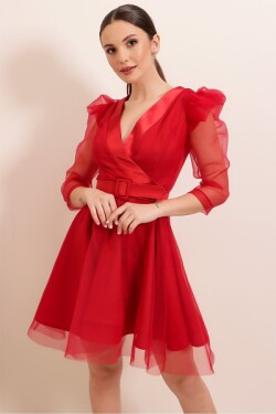 Kırmızı Kruvaze Yaka Balon Kol Kemerli Mini Elbise