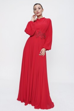 Kırmızı Üstü Pileli Beli Boncuk Güpür Detaylı Astarlı Uzun Şifon Abiye Elbise