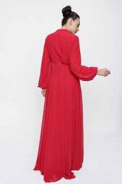 Kırmızı Üstü Pileli Beli Boncuk Güpür Detaylı Astarlı Uzun Şifon Abiye Elbise