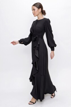 Siyah Koları Düğmeli Beli Kuşaklı Volan Detaylı Astarlı Krep Saten Uzun Abiye Elbise