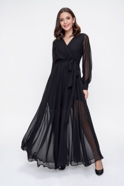 Siyah Kruvaze Yaka Uzun Kollu Astarlı Şifon Abiye Elbise