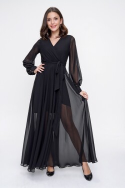 Siyah Kruvaze Yaka Uzun Kollu Astarlı Şifon Abiye Elbise