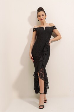 Siyah Straplez Çift Bant Kol Detaylı Astarlı Dantel Midi Abiye Elbise