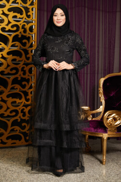 Siyah Aplike Detaylı Ebiye Abiye Elbise
