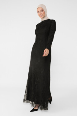 Siyah Boncuk Detaylı Tül Abiye Elbise