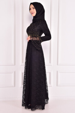 Siyah Boncuk İşlemeli Dantelli Abiye Elbise