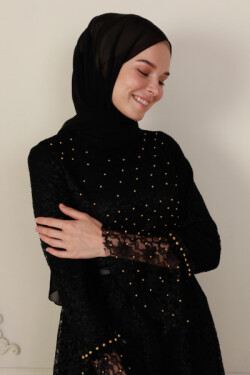 Siyah Boncuk İşlemeli Dantelli Abiye Elbise