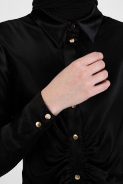 Siyah Boydan Düğmeli Abiye Elbise