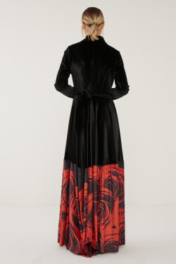 Siyah Gül Desenli Abiye Elbise