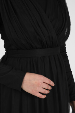 Siyah Kuşak Detaylı Tüllü Abiye Elbise