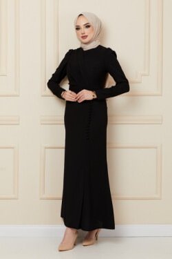 Siyah Pile ve Düğme Detaylı Krep Abiye Elbise