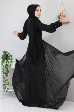 Siyah Pulpayetli Şifon Abiye Elbise