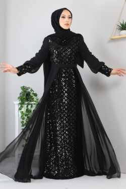 Siyah Pulpayetli Şifon Abiye Elbise