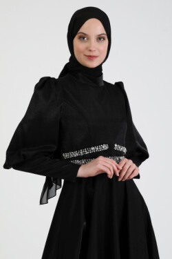 Siyah Şerit Detaylı Abiye Elbise