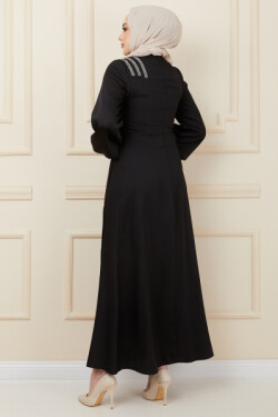 Siyah Volan ve Taş Detaylı Krep Saten Abiye Elbise