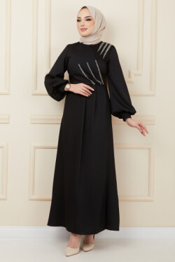 Siyah Volan ve Taş Detaylı Krep Saten Abiye Elbise