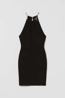 Siyah Zincirli Halter Yaka Mini Triko Elbise