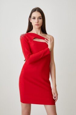 Tek Omuzlu Kırmızı Taş Detay Mini Abiye Elbise