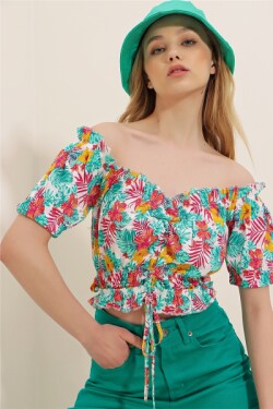 Mix Önü Büzgülü Yakası Fırfırlı Çiçek Desenli Örme Bluz