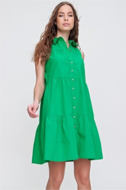 Yeşil Kat Kat Volanlı Dokuma Mini Gömlek Elbise