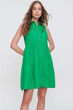 Yeşil Kat Kat Volanlı Dokuma Mini Gömlek Elbise