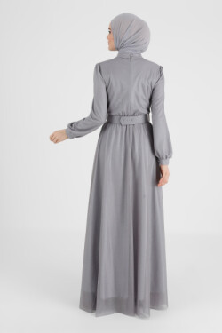 Lila Simli Kemer Detaylı Gri Abiye Elbise