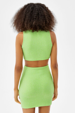 Yeşil Beli Büzgülü Havlu Kumaş Mini Elbise