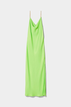 Yeşil Zincir Askılı Uzun Saten Elbise