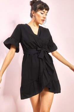 Siyah Kruvaze Yaka Kuşaklı Mini Elbise