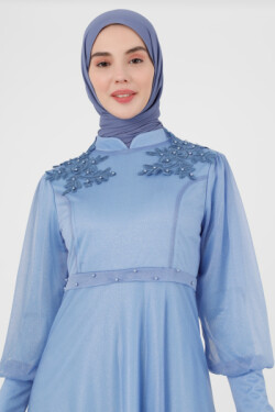 Mavi Boncuk Detaylı Simli Abiye Elbise