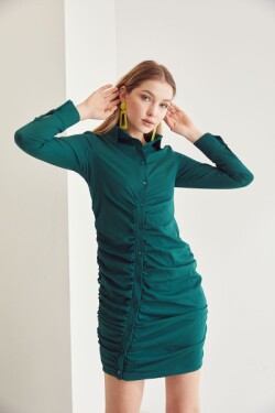 Yeşil Ön Büzgülü Mini Elbise