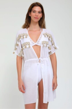 Beyaz Püsküllü Önden Bağlamalı Plaj Elbise