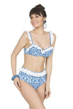 Mavi Bleu Blanc Fırfırlı Yüksek Bel Bikini Takımı