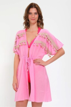 Pembe Püsküllü Önden Bağlamalı Deniz Elbisesi