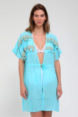 Turkuaz Püsküllü Önden Bağlamalı Plaj Elbisesi