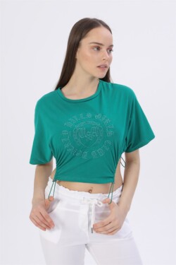 Yeşil Yan Büzgü Detay Nakışlı Crop T-shirt