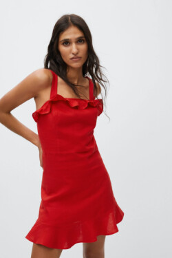 Askılı Kırmızı %100 Keten Mini Elbise