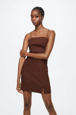 Kahverengi Askılı Keten Mini Elbise