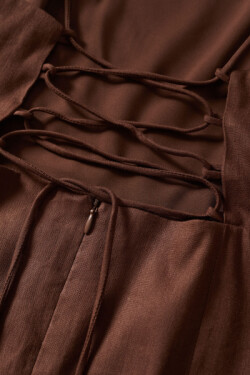 Kahverengi Askılı Keten Mini Elbise