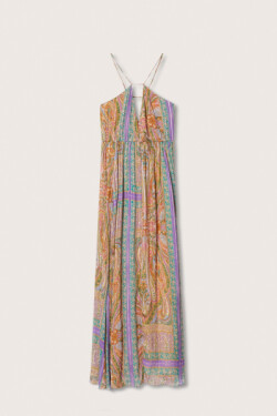 Sırt Dekolteli Mor Açık Pastel Paisley Desenli Şifon Uzun Abiye Elbise