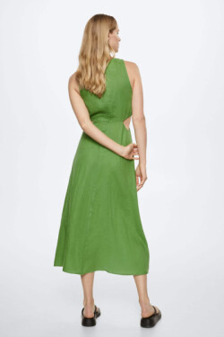 Yeşil Cut-out Detaylı Keten Karışımlı Uzun Elbise