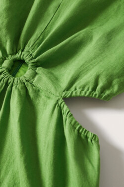 Yeşil Cut-out Detaylı Keten Karışımlı Uzun Elbise