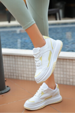 Beyaz Ento Cilt Hardal Detaylı Bağcıklı Spor Ayakkabı