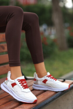 Beyaz Joox Cilt Kırmızı Detaylı Bağcıklı Spor Ayakkabı