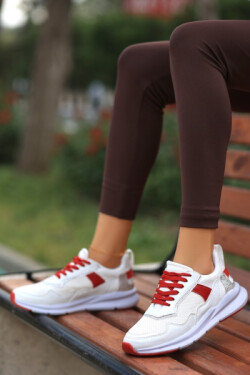 Beyaz Joox Cilt Kırmızı Detaylı Bağcıklı Spor Ayakkabı